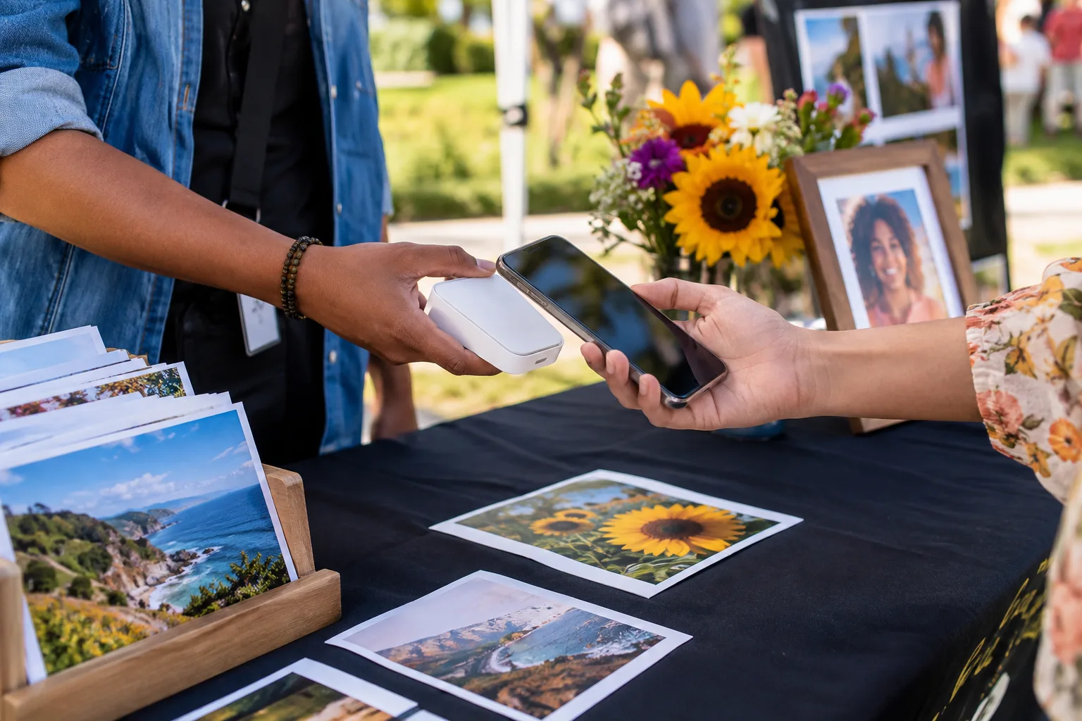 Photography client making a contactless payment at an outdoor portrait pop-up