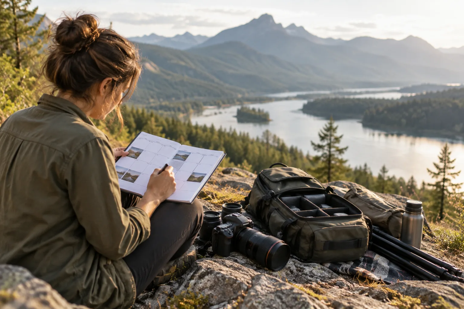 Photographer planning upcoming shoots with a calendar and camera bags