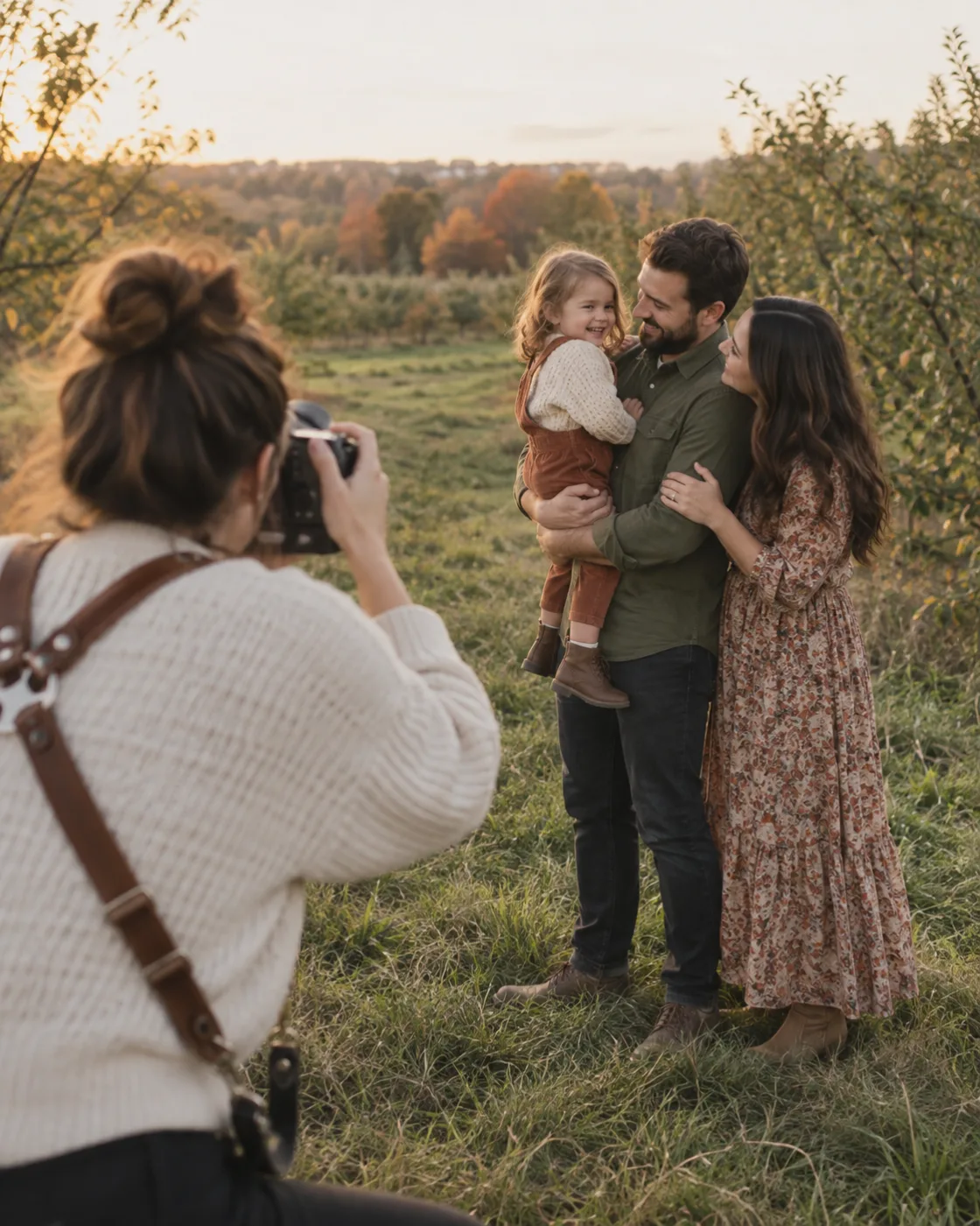Photographer capturing a family portrait outdoors in early autumn