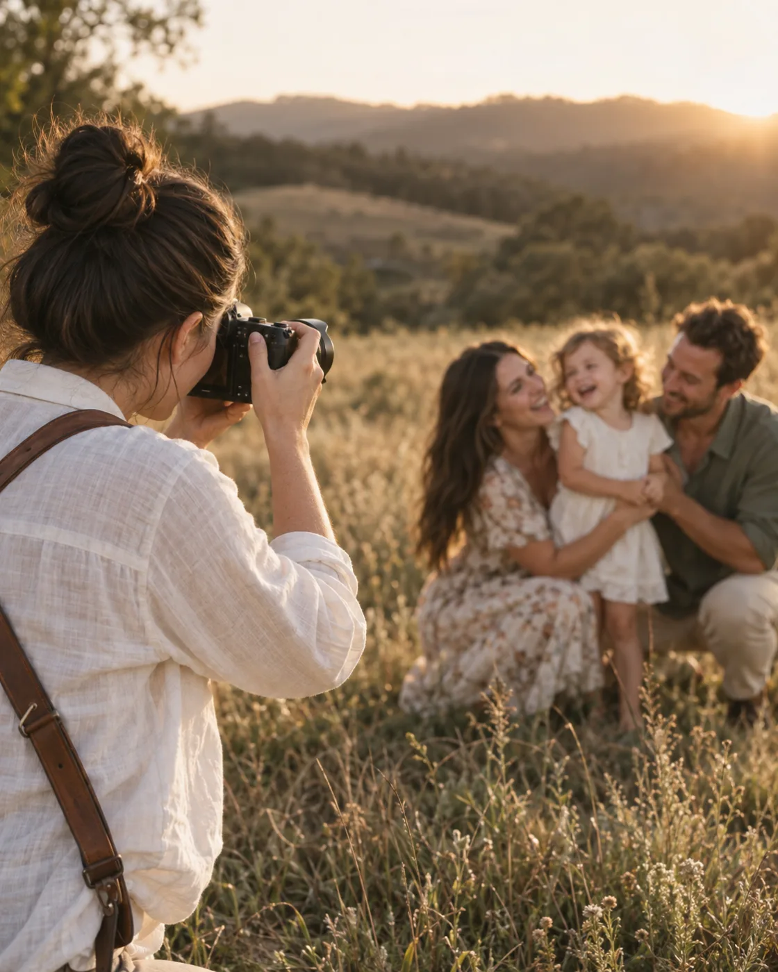Photographer capturing a family portrait in a sunlit meadow